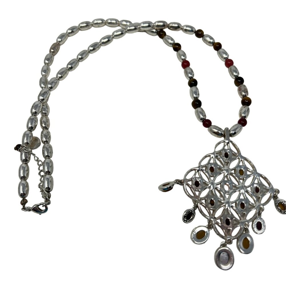 Liz Claiborne Necklace Silver Tone Beads Faux Tiger Eye Red Stone Pendant